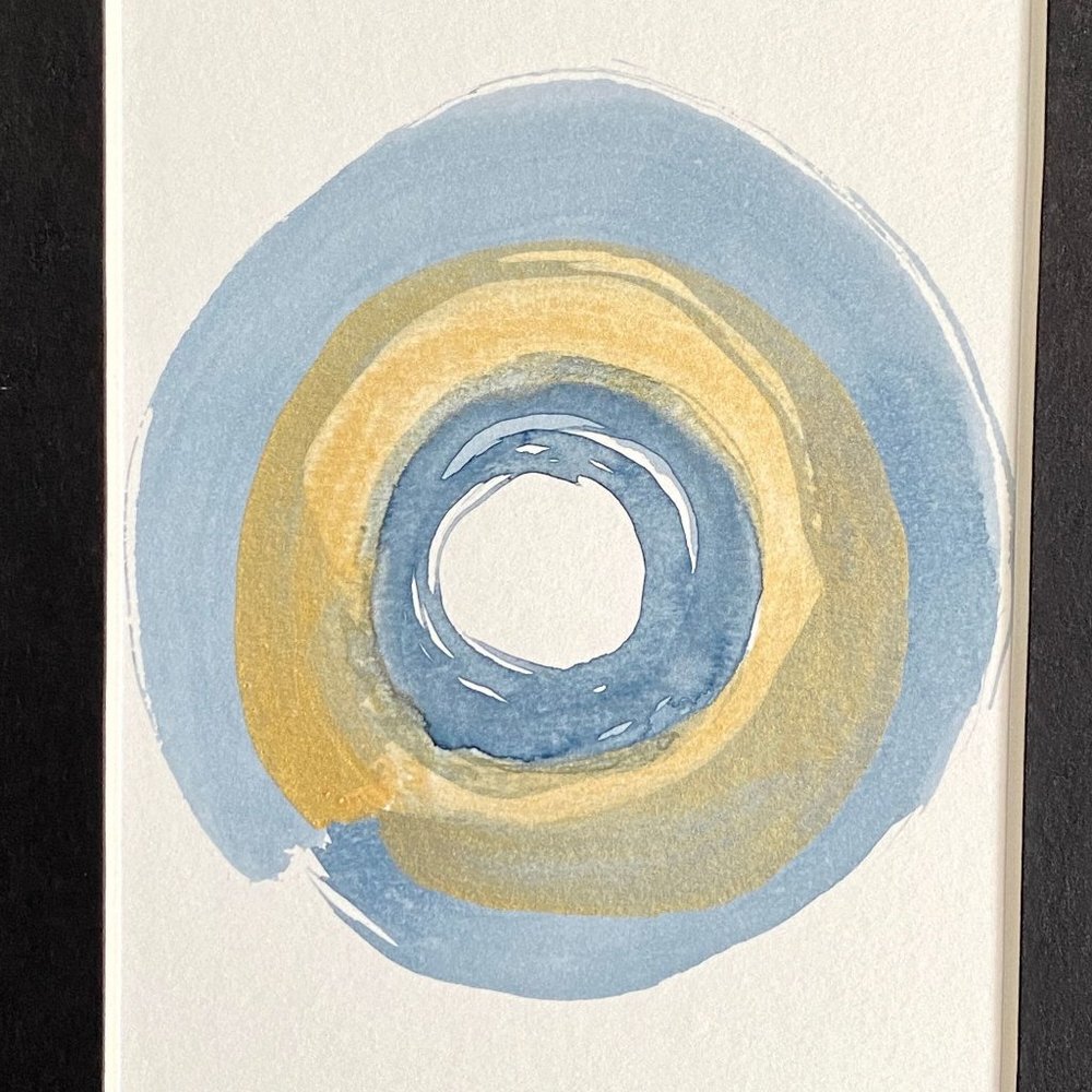 Enso Play Original Handmade Indigo Blue Gold Watercolor Painting Black Mat 8x10